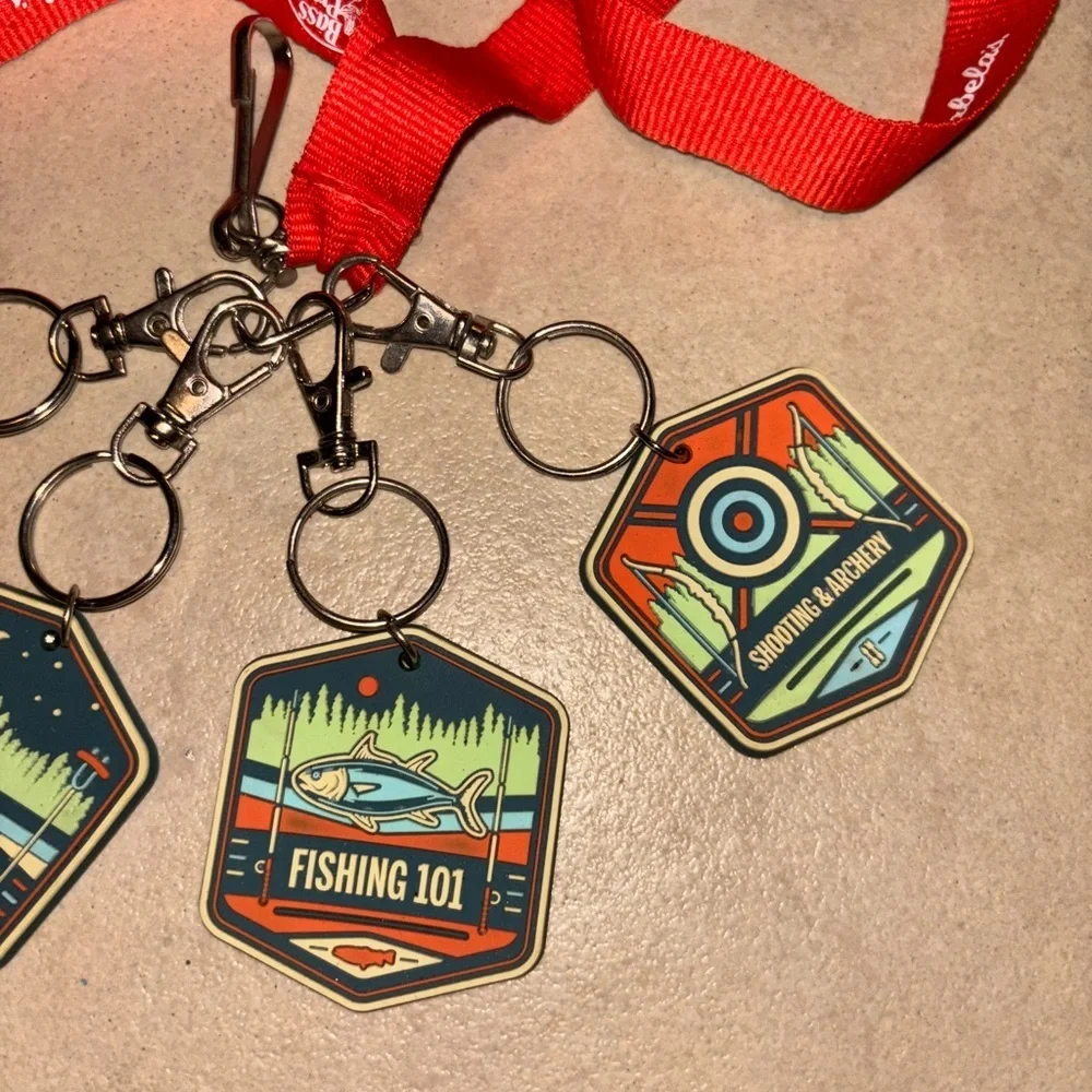 Cabela's Red Lanyard with Boy scout like badges